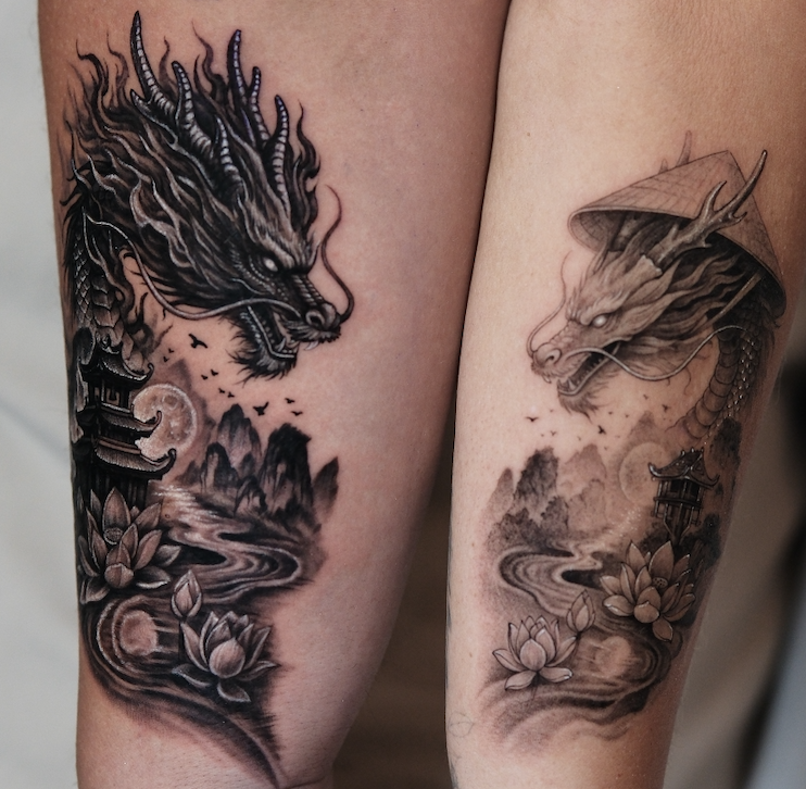 Khoi featured tattoo — paired dragon compositions